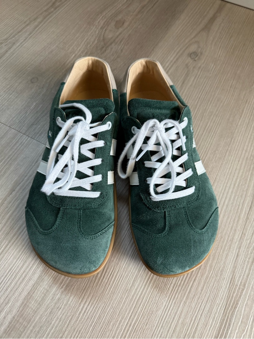 Koel Ila - Women’s Green Suede Casual Barefoot Sneakers with White Stripes